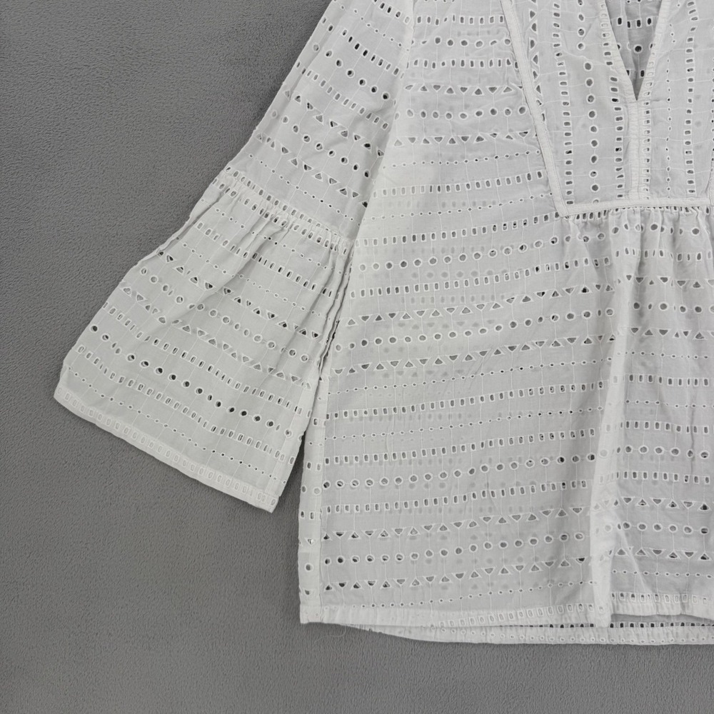 LOFT Blouse Top Womens Size M White Eyelet Cotton Split Neck Tiered Bell Sleeve - Picture 8 of 11